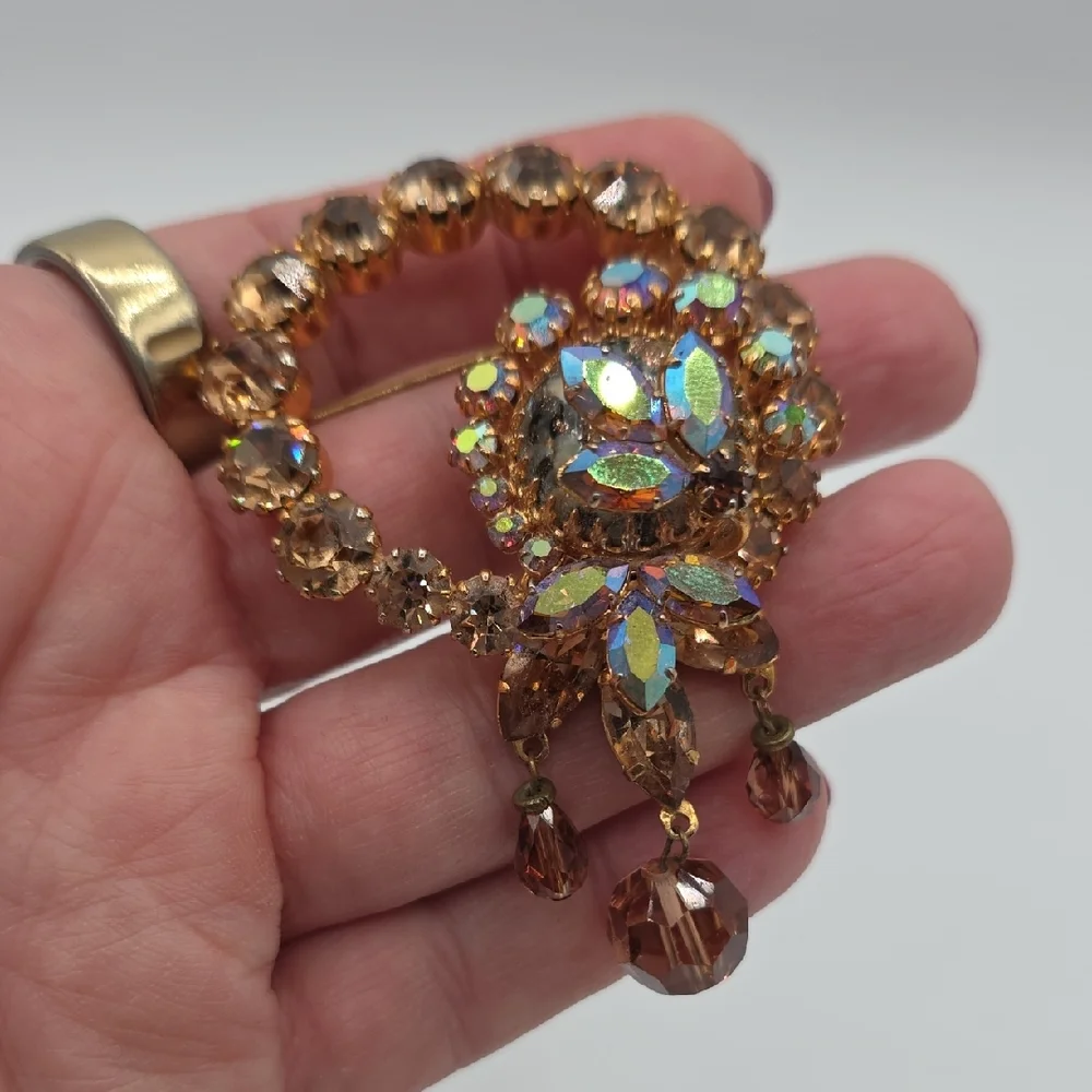 Vintage Austria Gold and Iridescent Crystal Brooch
